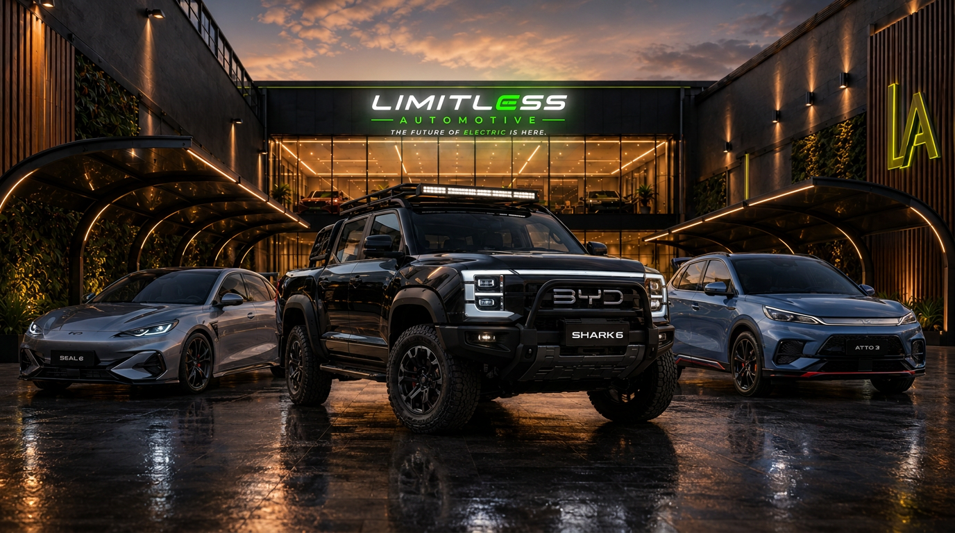 Limitless Automotive dealership showroom at dusk with featured BYD vehicles
